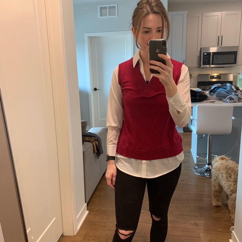 Milano sweater vest shirt combo, connected, white and red, size medium
